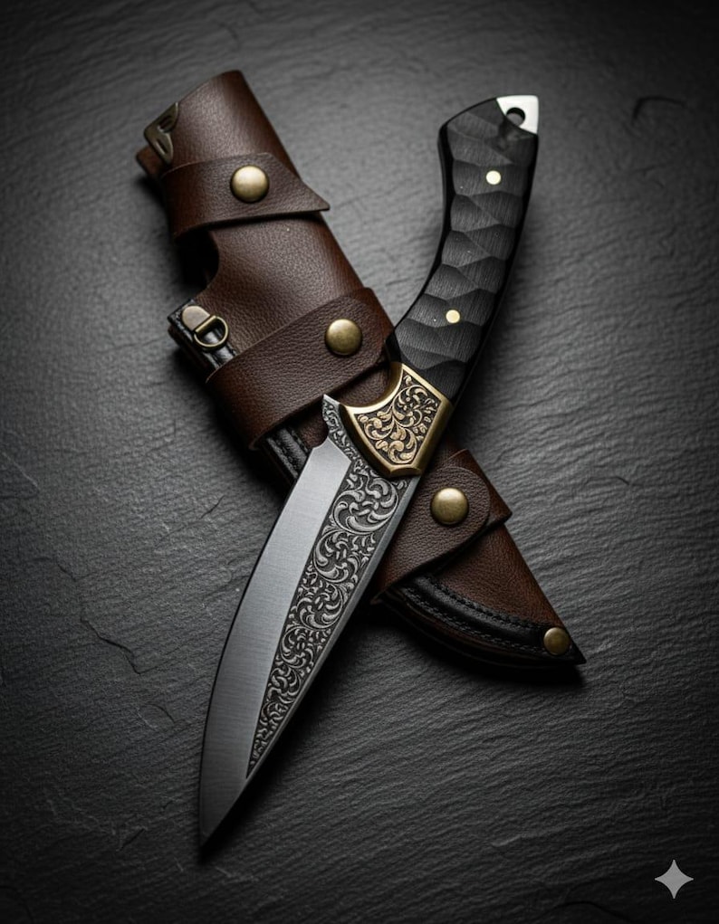 May include: A detailed close-up of a hunting knife with a decorative blade and a black handle. The knife is in a brown leather sheath with brass accents. The blade has an ornate engraved design.