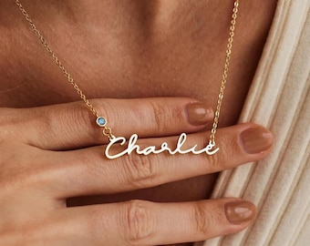 Dainty Birthstone Name Necklace, Personalized Gold Name Necklace, Custom Name Jewelry with Birthstone, Birthday Gift for Her, Gift for Mom