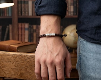 Personalized Men's Woven Leather Bracelet, Custom Name Bracelet for Dad, Husband, Boyfriend, Adjustable Couple Bracelet Gift