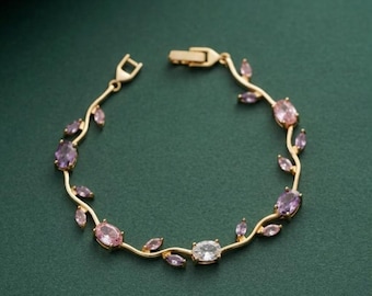 Gold Pastel Tulip Bracelet, 18K Coquette Flower Bracelet, Pink Lilac Crystal Floral Jewelry, Fairytale Gift for Her