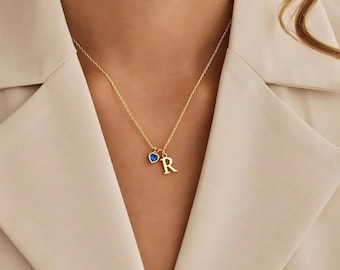 Custom Initial Necklace with Heart Birthstone, Dainty Letter Necklace for Women, Personalized Birthstone Jewellery, Birthday Gift for Her