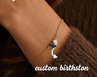 Heart Birthstone Bracelet for Women, Custom Couple Bracelet, 2 Stone Personalized Jewelry, Birthday Gift for Her