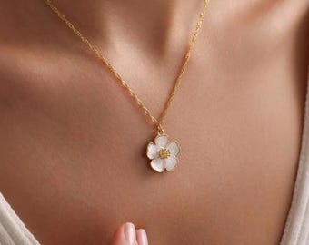 Sakura Flower Pendant Necklace • Gold Plated Floral Jewelry • Enamel Blossom Necklace • Feminine Everyday Accessory • Christmas Gift for Her