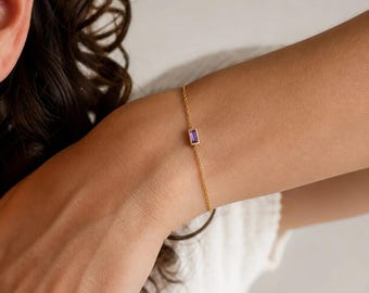 Dainty Gold Birthstone Bracelet for Women, Custom Family Birthstone Jewelry, Baguette Stone Bracelet, Birthday Gift for Her