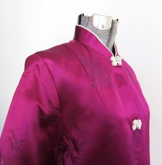 1960s Vintage Chinese Brocade Satin Coat  Teal  Mandarin  Frog Closure  NWOT  Long Coat  Mid Century  Duster  Cherry Blossoms