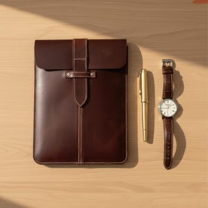 Op de afbeelding: Een donkerbruine leren tablethoes met een klepsluiting, een gouden pen en een polshorloge met een bruine leren band en een witte wijzerplaat. De items zijn gerangschikt op een licht houten oppervlak.