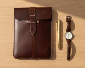 ダークブラウンレザータブレットスリーブ - ハンドメイドiPadノートブックケース