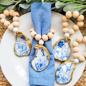 Blue & White Floral Napkin Rings | Oyster Shell Napkin Rings | Oyster Shell Table Decor | Hostess Gift | Mother&#39;s Day | Bridesmaid Gift