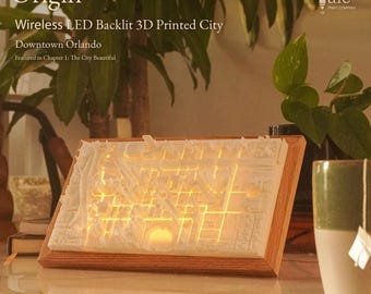 Origin | 3D Printed City Art — Downtown Orlando LED Motion Sensing Backlit | Wood Frame City Map | Handmade Home Decor Gift