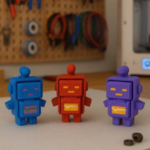 Peut inclure: Trois figurines de robots colorés en bleu, rouge et violet, chacune avec un corps rectangulaire et un petit écran. Les robots ont un design minimaliste avec des formes simples et sont placés sur une surface blanche.