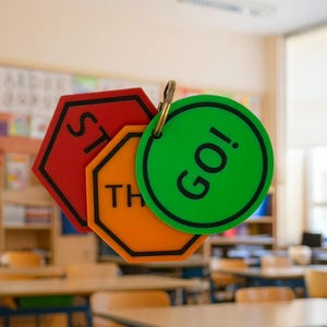 May include: A set of three geometric signs attached to a metal ring. The red hexagonal sign reads ST, the orange octagonal sign reads TH, and the green circular sign reads GO!. Each sign features a thick black border and bold black lettering.