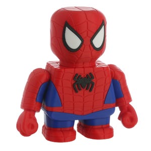 May include: A red and blue Spider-Man figure with a blocky design. The figure has white eyes, a black spider emblem on the chest, and a textured web pattern. The toy is a collectible item.