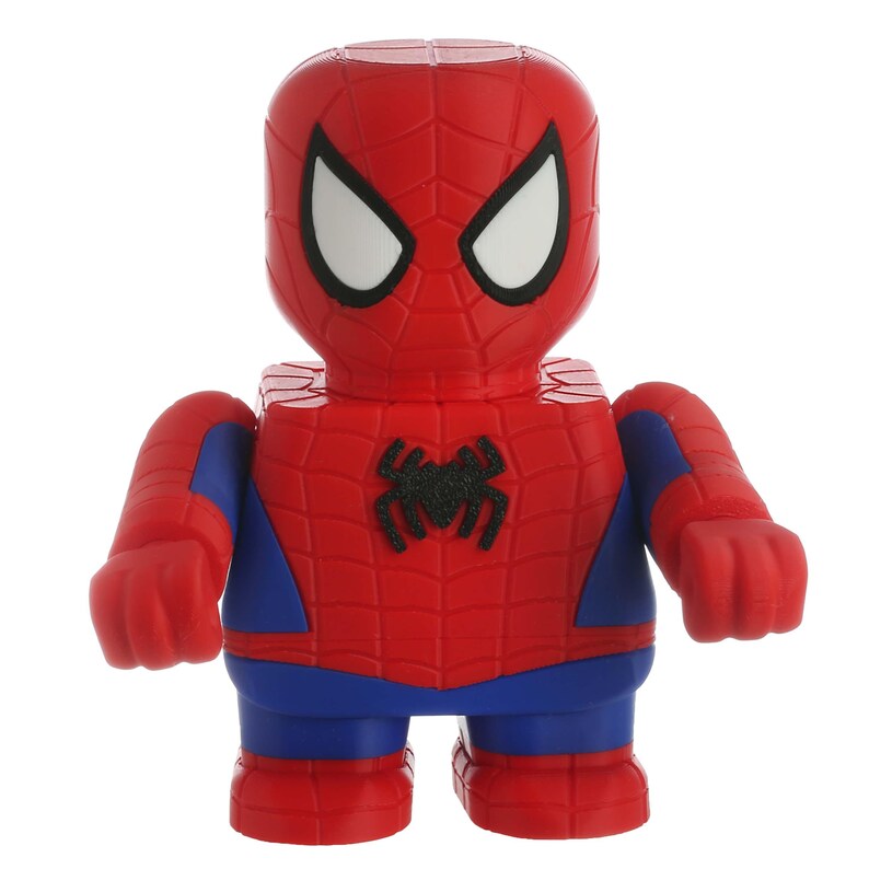May include: A red and blue Spider-Man figurine with a black spider emblem on the chest. The figure has large white eyes and a textured pattern on the red sections. The arms and legs are articulated.