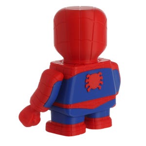May include: A red and blue Spider-Man figurine, seen from the rear. The figure features a red head and arms with a web pattern, and a blue torso with a red spider emblem. The figure is stylized with blocky features.