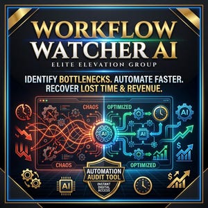 May include: A digital graphic with the text "WORKFLOW WATCHER AI" and "ELITE ELEVATION GROUP". The image highlights the concepts of "CHAOS" and "OPTIMIZED" with AI integration, and includes the text "IDENTIFY BOTTLENECKS. AUTOMATE FASTER. RECOVER LOST TIME & REVENUE."