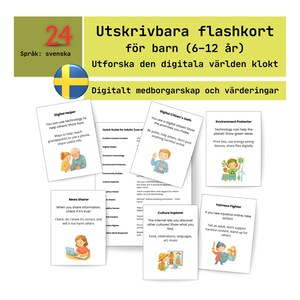 May include: A collection of flashcards for children aged 6-12, featuring illustrations and text about digital citizenship. The cards cover topics like online safety, sharing information, and environmental protection. The cards are in Swedish.