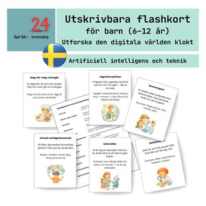 May include: A collection of 24 Swedish-language flashcards for children aged 6-12, exploring digital concepts. The cards feature illustrations and text on topics like algorithms, sensors, and virtual reality. The cards are designed to teach children about artificial intelligence and technology.
