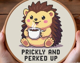 Hedgehog With Coffee Cross Stitch Pattern, Funny Pun, Embroidery Design (PDF Download)