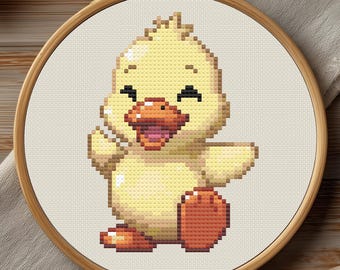 アヒルの子のクロスステッチパターン、傘を持ったアヒルの刺繍絵、雨の