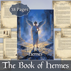 Può includere: Il Libro di Hermes, un libro di 38 pagine, presenta un'illustrazione centrale di una figura alata in una veste bianca. Il titolo è visualizzato in un carattere stilizzato, con pagine aggiuntive che circondano l'immagine centrale.