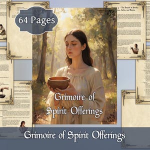May include: A book titled "Grimoire of Spirit Offerings" with 64 pages. The cover features a woman holding a wooden bowl in a forest setting. The book's pages are visible around the cover, with decorative borders.