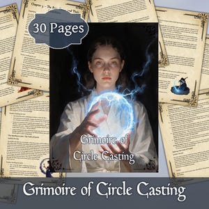 May include: A fantasy-themed book cover with the title "Grimoire of Circle Casting." The image features a woman holding a glowing blue orb, with lightning effects. The book has 30 pages, with decorative borders and text.
