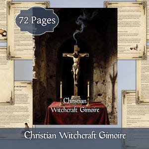 Pode incluir: Um grimório de bruxaria cristã de 72 páginas com uma capa apresentando um crucifixo num altar vermelho, ladeado por duas velas acesas, com fumo a subir. As páginas circundantes exibem papel estilo pergaminho com texto e ilustrações.