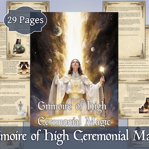 Op de afbeelding: Digitale illustratie van een persoon in witte gewaden die een staf vasthoudt, met de tekst "Grimoire of High Ceremonial Magic". De afbeelding is omgeven door pagina's met decoratieve randen en de tekst "29 Pages".
