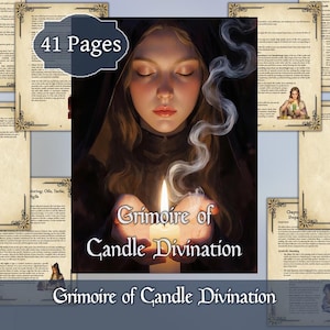 Puede incluir: Un grimorio digital titulado "Grimoire of Candle Divination" que presenta a una mujer sosteniendo una vela encendida. La imagen incluye el texto "41 Páginas" y varias páginas con texto e ilustraciones, lo que sugiere una guía sobre magia con velas.