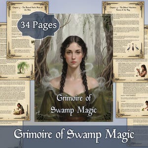 Peut inclure: Ensemble de pages d'un livre intitulé "Grimoire of Swamp Magic". L'image centrale représente une femme avec de longues tresses. Les pages du livre ont des bordures décoratives et comprennent du texte et des illustrations. La couverture indique "34 Pages."