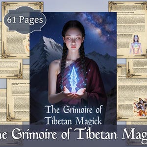 May include: A digital book cover titled "The Grimoire of Tibetan Magick." The image shows a woman holding a glowing blue object, set against a mountain and starry sky. The book is advertised as having 61 pages.