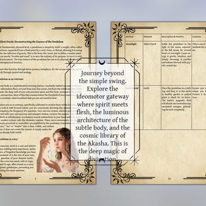 May include: A vintage-style book spread with ornate borders. The left page features text about pendulums and a woman holding one. The right page has tables. Text in the center reads: "Journey beyond the simple swing."