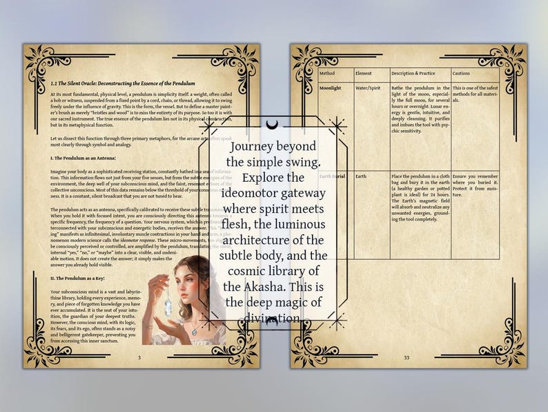 May include: A vintage-style book spread with ornate borders. The left page features text about pendulums and a woman holding one. The right page has tables. Text in the center reads: "Journey beyond the simple swing."