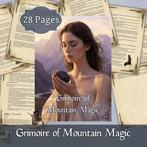 May include: A fantasy book titled "Grimoire of Mountain Magic" with a woman on the cover holding a dark stone. The cover is surrounded by pages with text and decorative borders. The book has 28 pages.