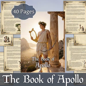 May include: A book titled "The Book of Apollo" with 40 pages, featuring a classical illustration of a man holding a lyre and bow. The pages have decorative borders and are arranged around the book's cover, which displays the title.