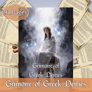 Può includere: Copertina del libro "Grimoire of Greek Deities" con un'illustrazione di una donna in abito bianco e corona d'oro. Il libro è circondato da pagine con bordi decorativi, e la copertina indica "91 Pagine".