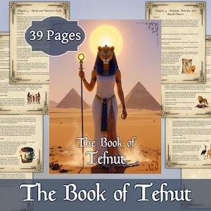 Può includere: Un libro digitale intitolato "The Book of Tefnut" con un'illustrazione di una figura con testa di leone, piramidi e il sole. Il libro ha 39 pagine. Pagine con testo e bordi decorativi circondano l'immagine principale.