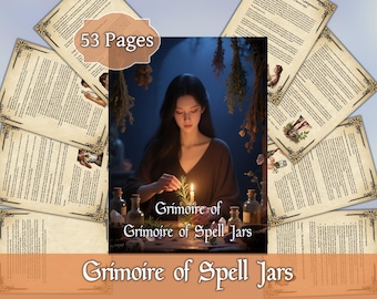 Pode incluir: Imagem de um livro intitulado "Grimoire of Spell Jars" com 53 páginas. O livro é cercado por páginas com texto e ilustrações. Uma mulher segura um raminho perto de uma vela acesa. Garrafas e ervas secas também são visíveis.