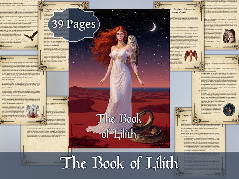 K&ouml;nnte beinhalten: Buchcover von "The Book of Lilith" mit einer Illustration einer Frau in wei&szlig;em Kleid, rotem Haar, einer Eule und einer Schlange. Der Hintergrund zeigt eine W&uuml;stenlandschaft unter einem Sternenhimmel. Das Buch hat 39 Seiten.