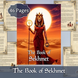 Könnte beinhalten: Digitales Buchcover mit dem Titel "The Book of Sekhmet" mit einer Illustration einer Frau mit Löwenkopf, die einen Stab und ein Ankh hält. Der Hintergrund zeigt eine Wüstenlandschaft mit einer großen Sonne. Das Buch hat 46 Seiten.