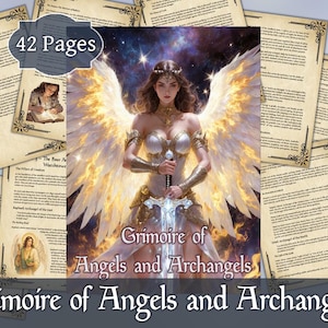 Puede incluir: Una portada de libro de fantasía titulada "Grimoire of Angels and Archangels" que presenta a una mujer con grandes alas brillantes y una espada. La imagen está rodeada de páginas de texto, con una etiqueta "42 páginas".