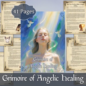 Könnte beinhalten: Ein Buch mit dem Titel "Grimoire of Angelic Healing" mit 41 Seiten. Das Cover zeigt eine ruhige Frau mit geschlossenen Augen, umgeben von Licht und Engeln. Die Seiten des Buches haben dekorative Ränder.