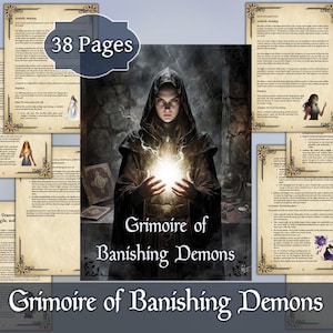 Puede incluir: Un grimorio digital de fantasía con el título "Grimoire of Banishing Demons". La imagen presenta una figura con túnica sosteniendo un orbe brillante, rodeada de páginas con bordes decorativos. También se ve el texto "38 Páginas".