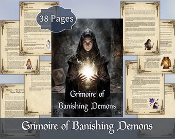May include: A fantasy-themed digital grimoire with the title "Grimoire of Banishing Demons." The image features a robed figure holding a glowing orb, surrounded by pages with decorative borders. The text "38 Pages" is also visible.