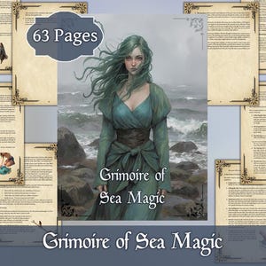 Op de afbeelding: Een fantasyboek getiteld "Grimoire of Sea Magic" met een vrouw met stromend groen haar en een tealkleurige jurk. De boekomslag is geplaatst tegen een zeegezicht. Het boek heeft 63 pagina's.