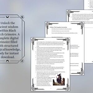 May include: A digital grimoire with the text "Unlock the ancient wisdom within Black Witch Grimoire." The pages have decorative borders and contain text and illustrations. The grimoire is ready for instant download.