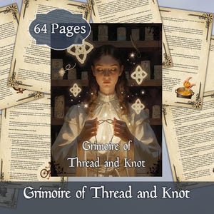 May include: A fantasy-themed book titled "Grimoire of Thread and Knot" with 64 pages. The cover features a woman holding glowing threads. Surrounding the central image are several open pages with decorative borders and text.