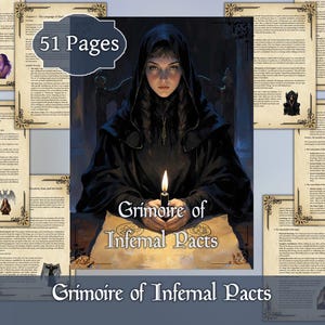 May include: A fantasy book titled "Grimoire of Infernal Pacts" with 51 pages. The cover features a woman in a black hooded cloak holding a candle. Surrounding the book are pages with text and illustrations.