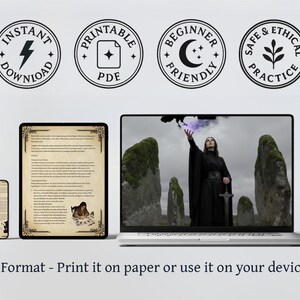 May include: A laptop, tablet, and smartphone display a digital document with ornate borders. The laptop screen shows a person in a black robe with a sword. Four circular icons read "Instant Download", "Printable PDF", "Beginner Friendly", and "Safe & Ethical Practice".