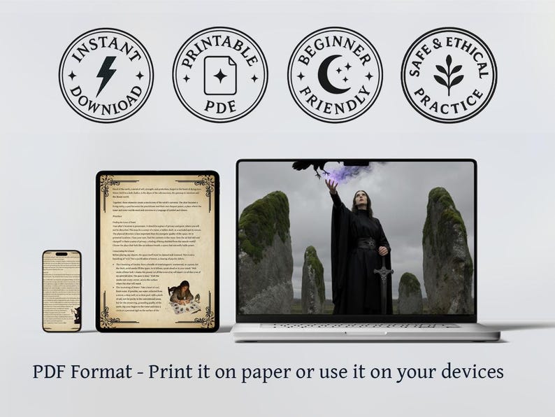 May include: A laptop, tablet, and smartphone display a digital document with ornate borders. The laptop screen shows a person in a black robe with a sword. Four circular icons read "Instant Download", "Printable PDF", "Beginner Friendly", and "Safe & Ethical Practice".